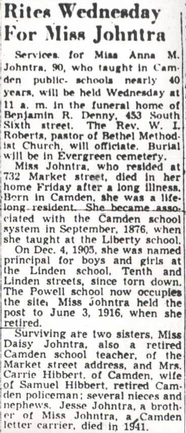 Courier-Post obituary clipping, Rites Wednesday For Miss Johntra, February 20, 1950