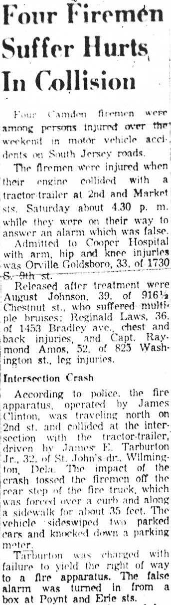 Courier-Post clipping, Four Firemen Suffer Hurts In Collision, December 30, 1957