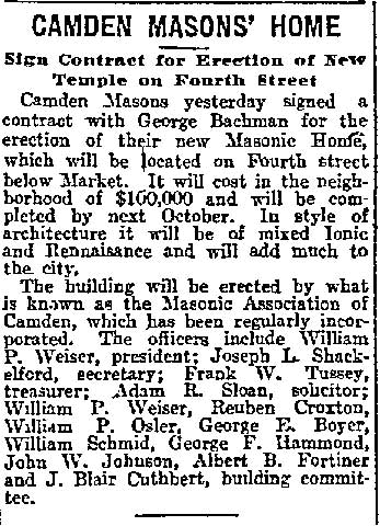 Philadelphia Inquirer clipping, March 3, 1912: Camden Masons' Home, on a contract for a new Masonic Home on Fourth Street