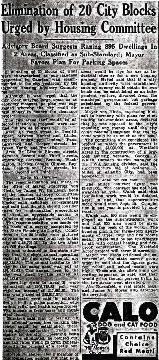 Courier-Post clipping, Aug. 21, 1936: housing committee urges clearing 20 city blocks