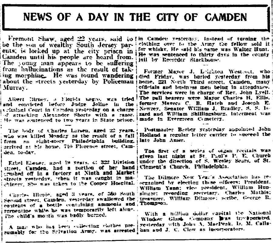 Philadelphia Inquirer column News of a Day in the City of Camden, January 17, 1906