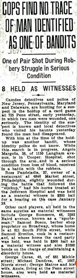 Courier-Post headline about police finding no trace of a man identified as one of two card game bandits, January 12, 1938