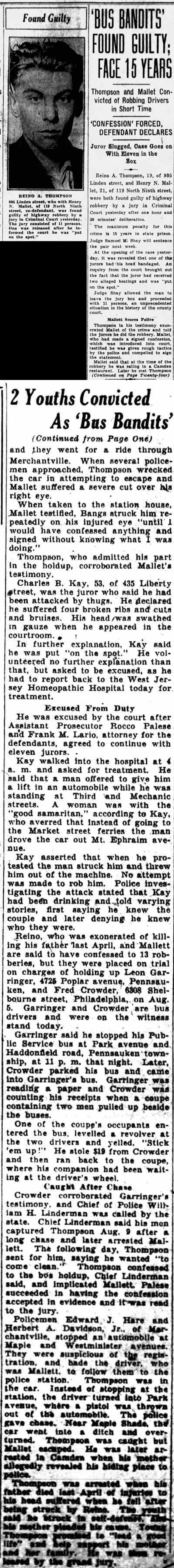 Camden Courier-Post front-page story "'Bus Bandits' Found Guilty; Face 15 Years" with a portrait of Reino A. Thompson, plus its page-24 continuation, October 23, 1931.