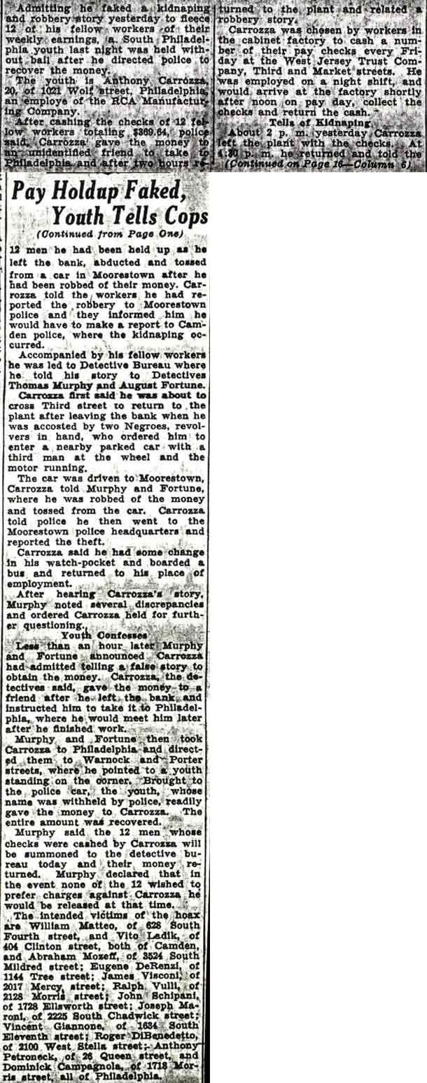 Camden Courier-Post story on a faked kidnaping and pay robbery, August 29, 1936
