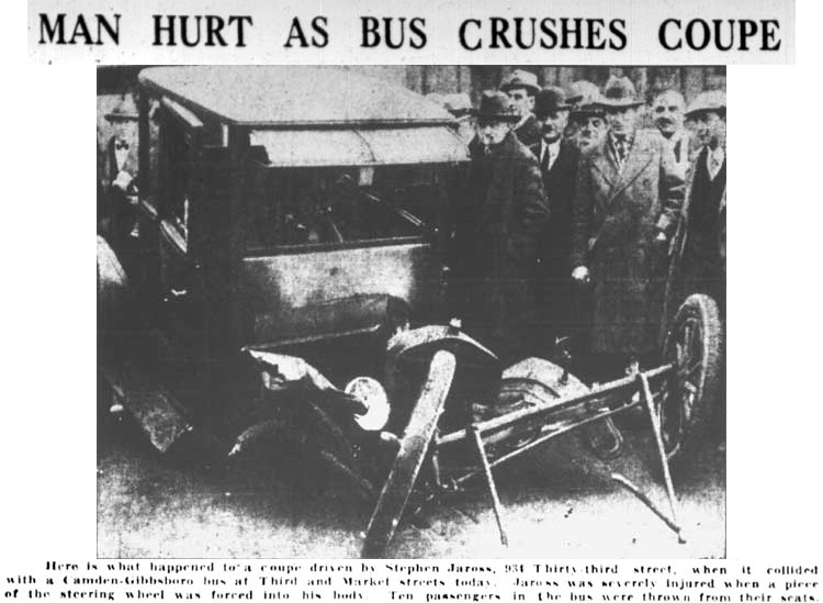 Man Hurt as Bus Crushes Coupe - Camden Courier-Post, February 29, 1928
