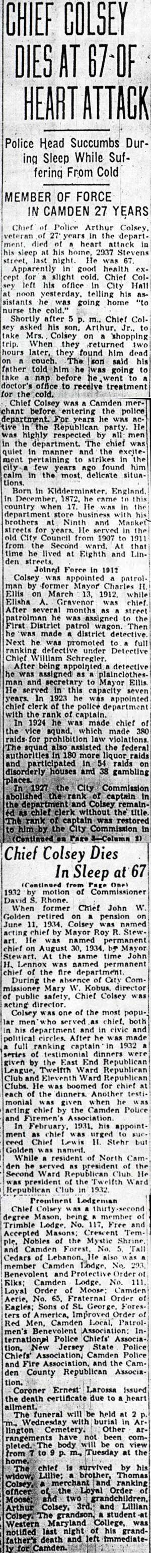 Courier-Post obituary headline: Chief Colsey Dies at 67 of Heart Attack, September 16, 1939