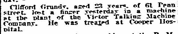 Newspaper clipping: Clifford Grundy loses a finger in a machine at the Victor Talking Machine Company