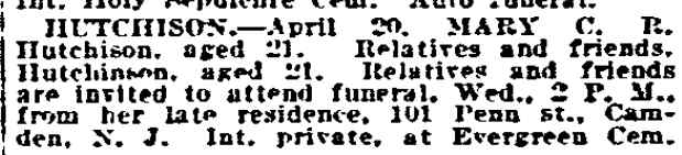 Death notice of Mary C. R. Hutchison, Philadelphia Inquirer, April 23, 1919