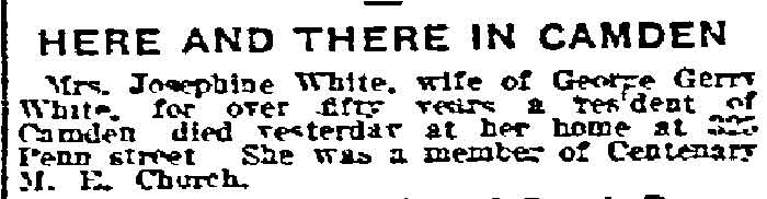 Newspaper clipping: Mrs. Josephine White dies at her Penn Street home, Philadelphia Inquirer, December 16, 1917