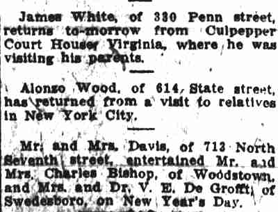 Camden Post-Telegram social notes, January 2, 1914: James White, Alonzo Wood, Mr. and Mrs. Davis