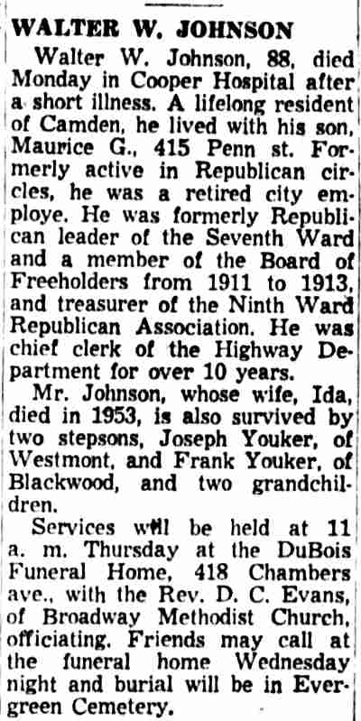 Obituary of Walter W. Johnson, 88, former Camden Republican leader, March 26, 1957