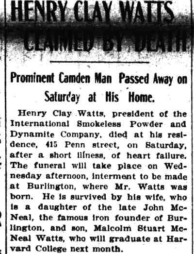 Henry Clay Watts Claimed by Death - May 8, 1905