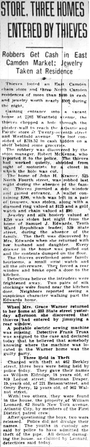Store, Three Homes Entered By Thieves - Camden Courier-Post, February 11, 1928