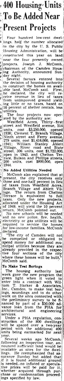 Camden Courier-Post article, February 6, 1950: 400 Housing Units To Be Added Near Present Projects