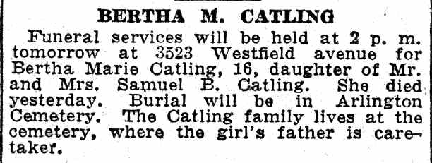 Courier-Post notice of funeral services for Bertha M. Catling, 16, June 16, 1932