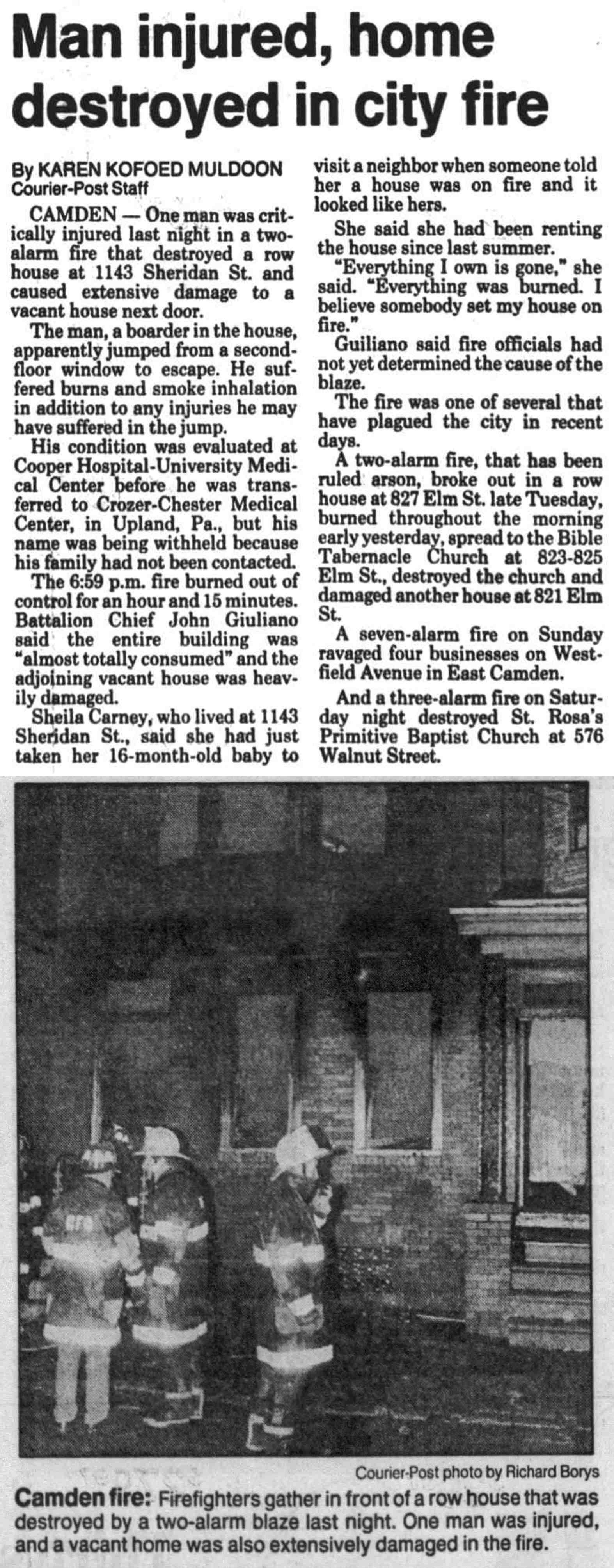 Man injured, home destroyed in city fire, Camden Courier-Post, December 21, 1989, with photo of firefighters at a row house