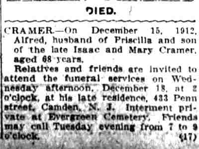 Death notice of Alfred Cramer, Camden Post-Telegram, December 16, 1912