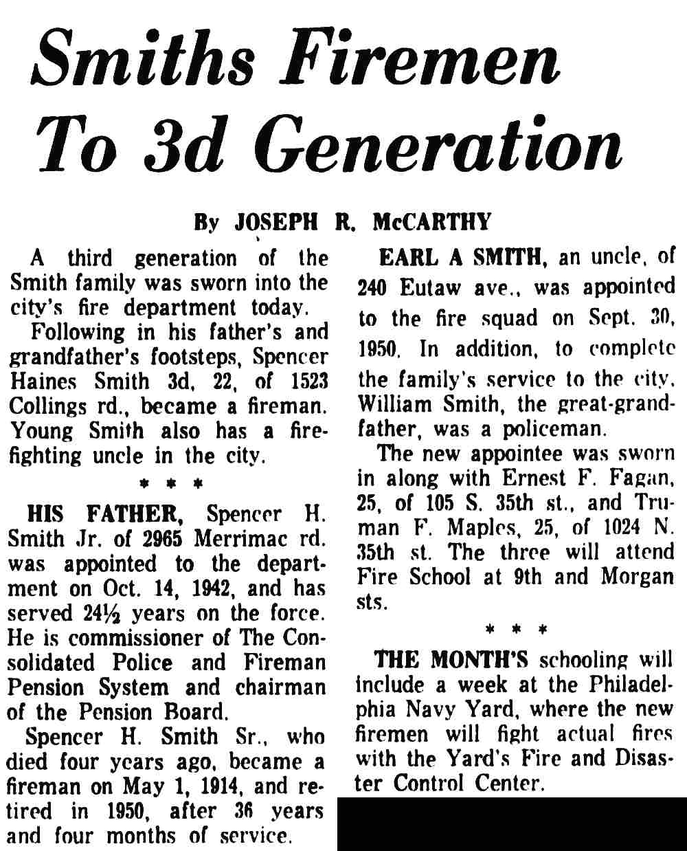 Courier-Post clipping, "Smiths Firemen To 3d Generation," about a third-generation Camden fireman, June 1964