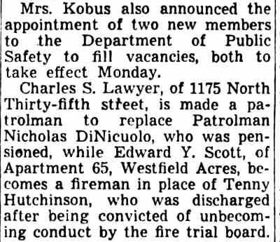 Newspaper excerpt on Mrs. Kobus appointing a patrolman and a fireman, Camden Courier-Post, 1938