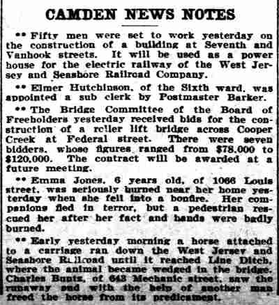 Philadelphia Inquirer Camden News Notes column, March 1, 1906, reporting a burned child at 1066 Louis Street.