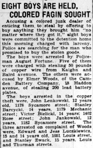 Courier-Post clipping, February 27, 1928: Eight Boys Are Held, Colored Fagin Sought.