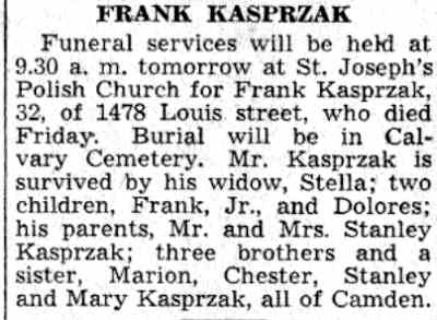 Courier-Post obituary notice for Frank Kasprzak, 32, of 1478 Louis Street, February 28, 1938.