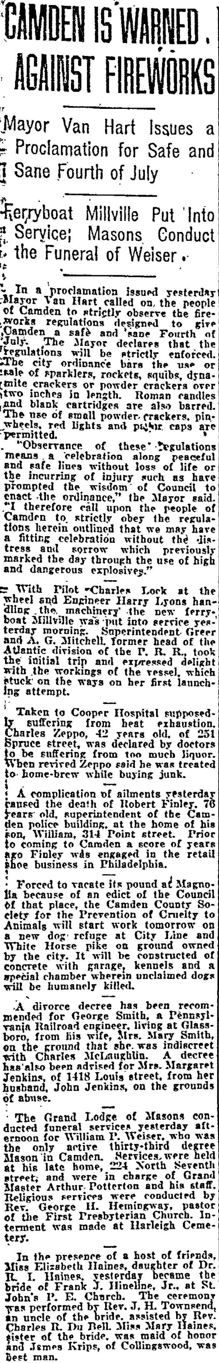 Camden Daily Courier column, June 11, 1922: Camden Is Warned Against Fireworks, plus local news items.