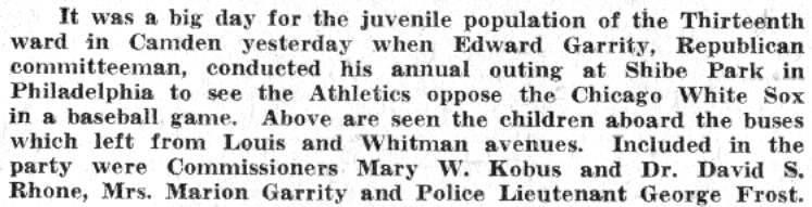 Photo caption describing Edward Garrity's annual outing taking Thirteenth ward children to Shibe Park.