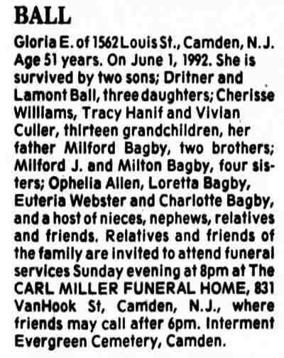 Courier-Post death notice for Gloria E. Ball of 1562 Louis Street, June 1992.