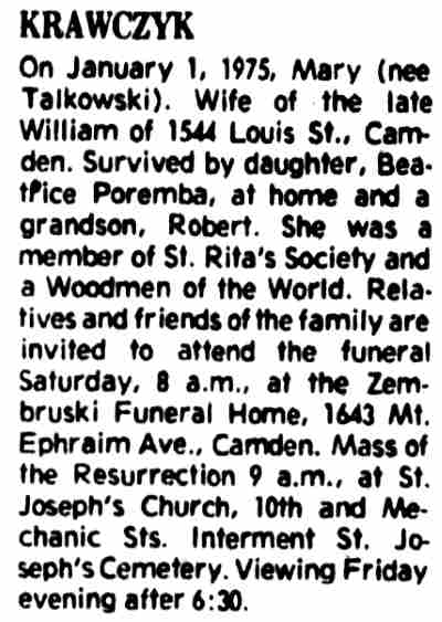 Courier-Post death notice for Mary Krawczyk, wife of the late William of 1544 Louis Street, January 1975.