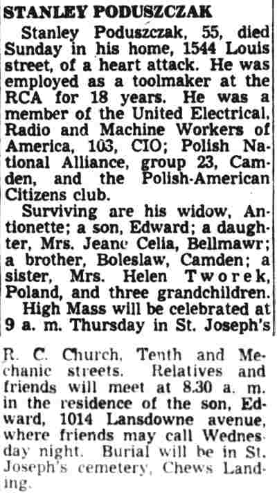 Courier-Post obituary for Stanley Poduszczak, 55, of 1544 Louis Street, October 31, 1949.