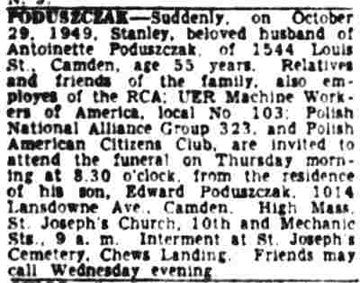 Paid death notice for Stanley Poduszczak of 1544 Louis Street, October 29, 1949.