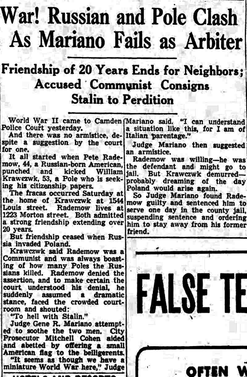Courier-Post story from February 1940: a Russian and a Pole clash in Camden Police Court over Stalin.