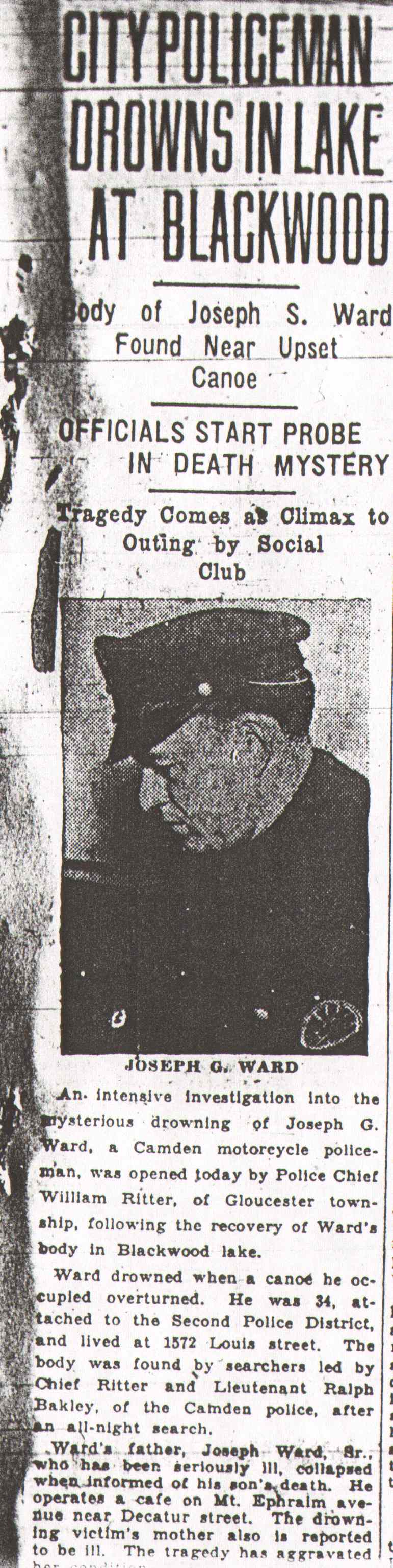Courier-Post front-page clipping, May 5, 1930: City Policeman Drowns in Lake at Blackwood, with a portrait of Joseph G. Ward.