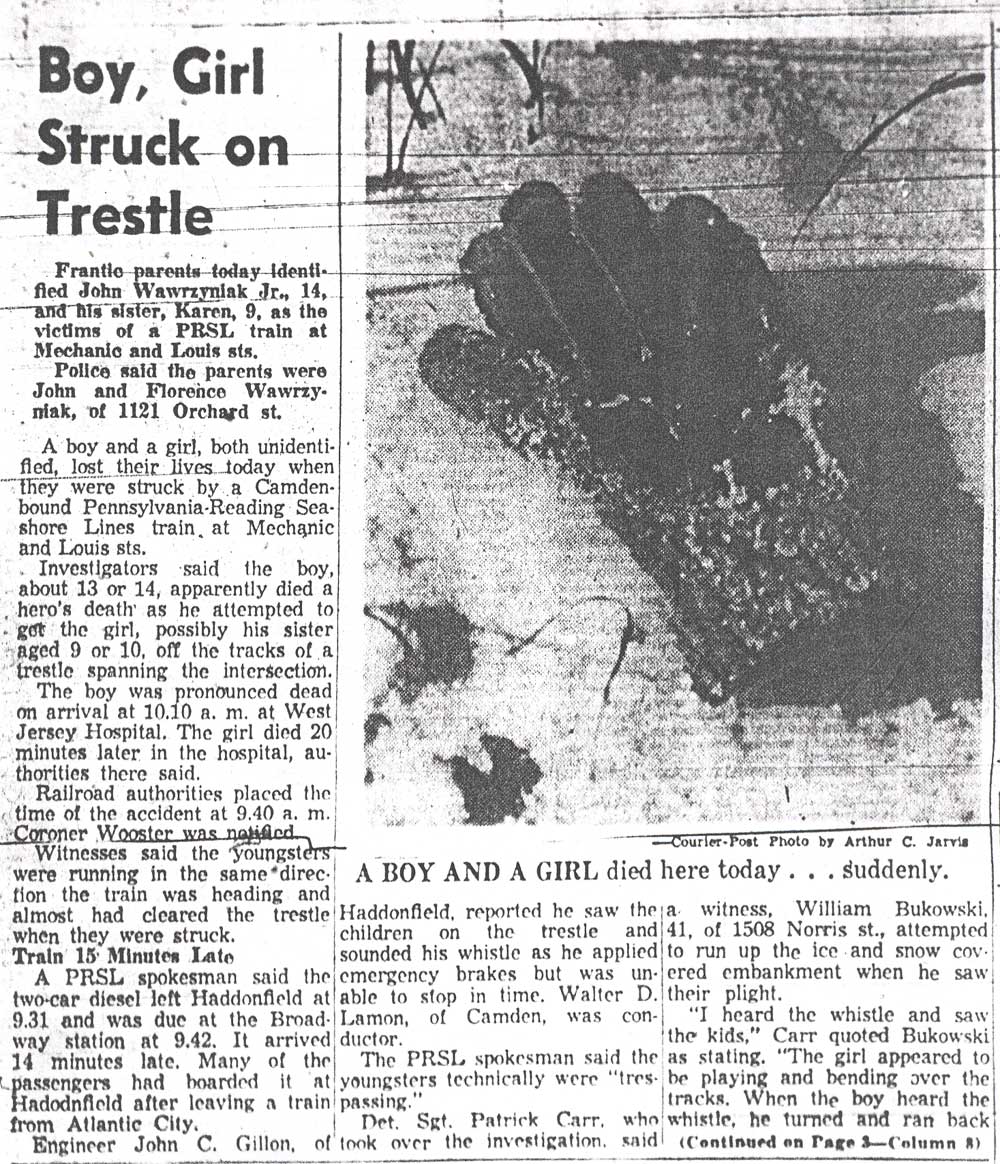 Courier-Post front page clipping, December 5, 1957: Boy, Girl Struck on Trestle, with a photo of a child's glove.