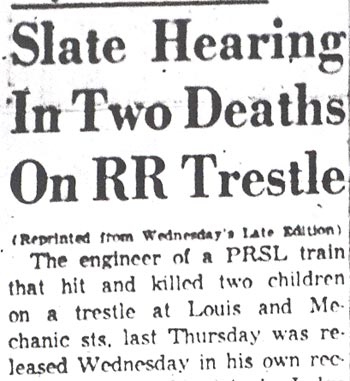 Courier-Post clipping, December 12, 1957: Slate Hearing In Two Deaths On RR Trestle (first crop).