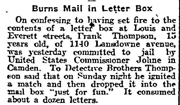Philadelphia Inquirer clipping, October 27, 1916: Burns Mail in Letter Box, a 15-year-old jailed for setting a mailbox on fire.