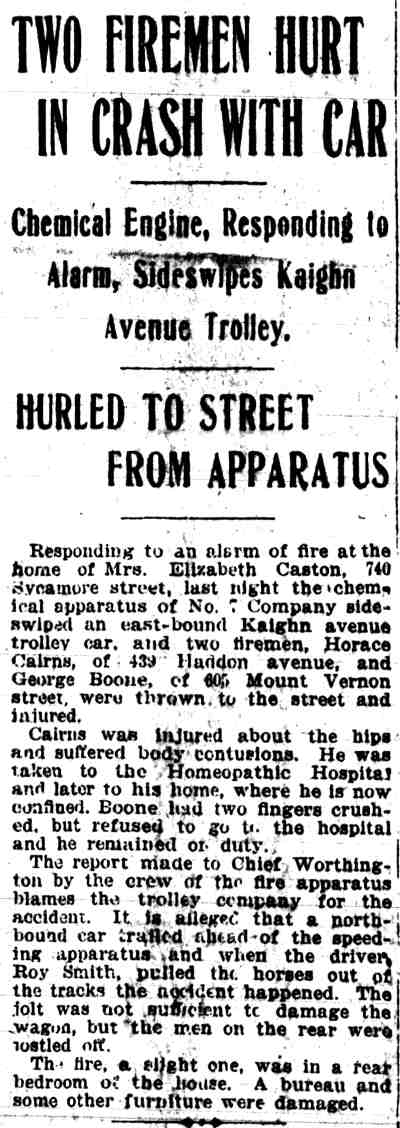 Newspaper clipping: Two Firemen Hurt in Crash With Car, Camden Post-Telegram, March 25, 1914