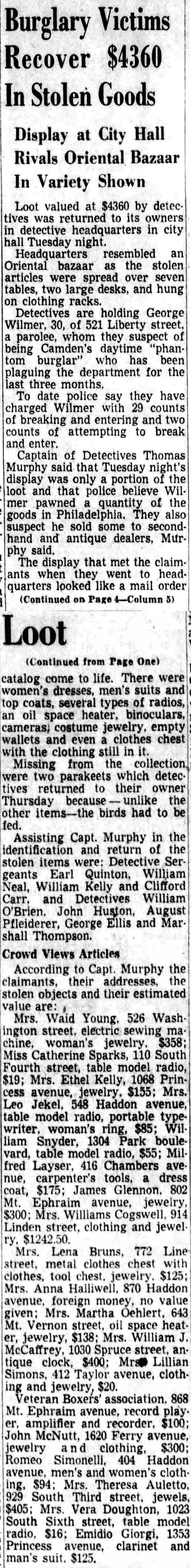 Camden Courier-Post, April 5, 1952: Burglary Victims Recover $4360 In Stolen Goods