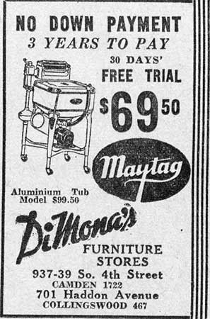 DiMona's Furniture Stores Maytag washer advertisement, Camden Courier-Post, February 11, 1936