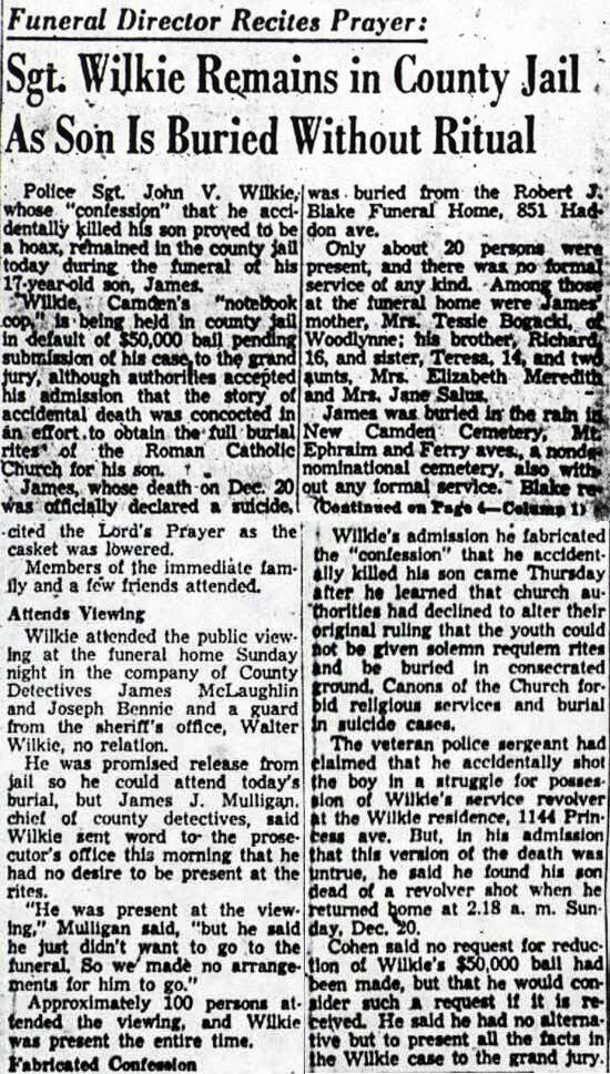 Courier-Post article on Sgt. John V. Wilkie held in jail as his son is buried, December 28, 1953