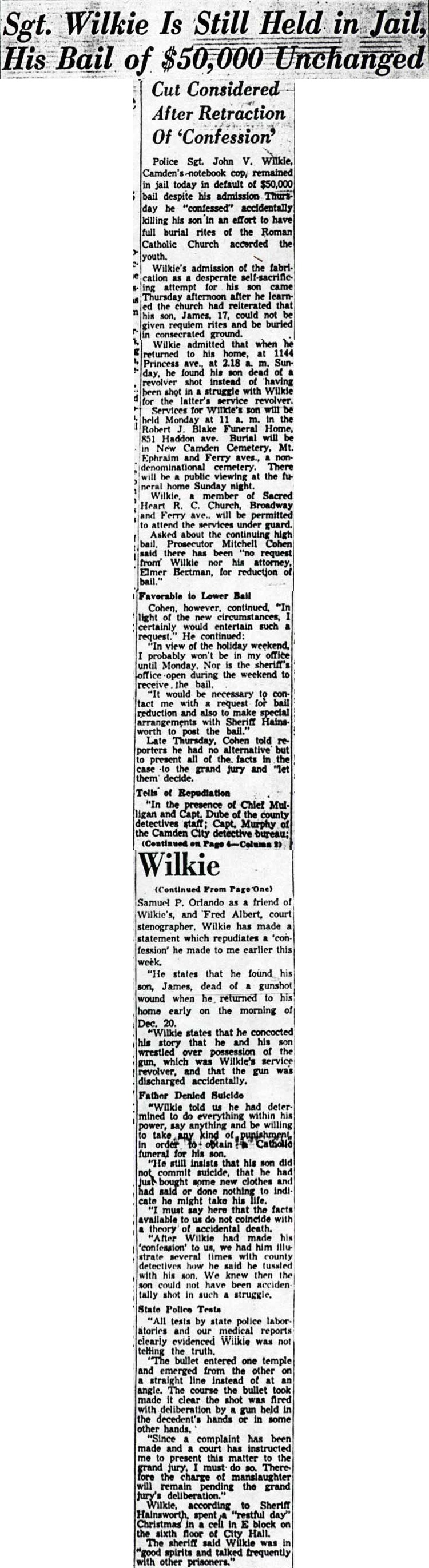 Courier-Post article on Sgt. John V. Wilkie held in jail with bail unchanged, December 26, 1953