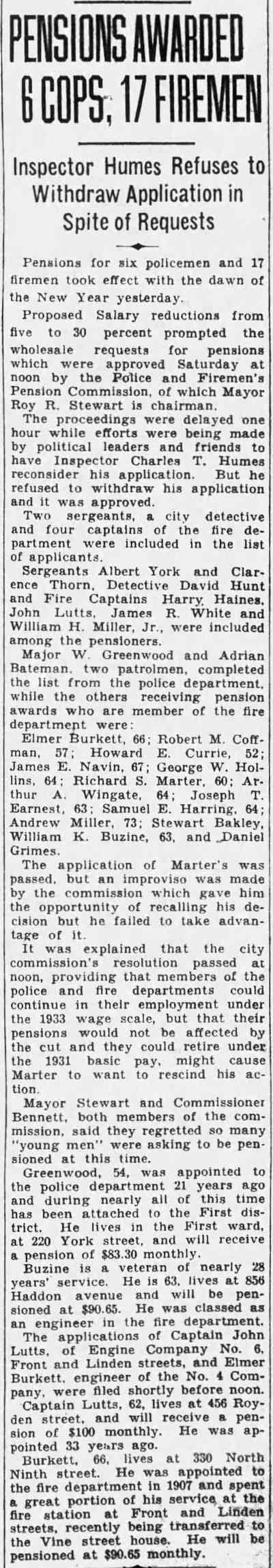 Camden Courier-Post article, January 2, 1933: Pensions Awarded 6 Cops, 17 Firemen
