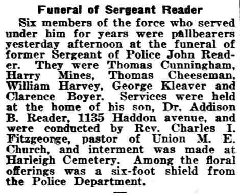 Funeral of Sergeant Reader, Philadelphia Inquirer clipping, March 2, 1919