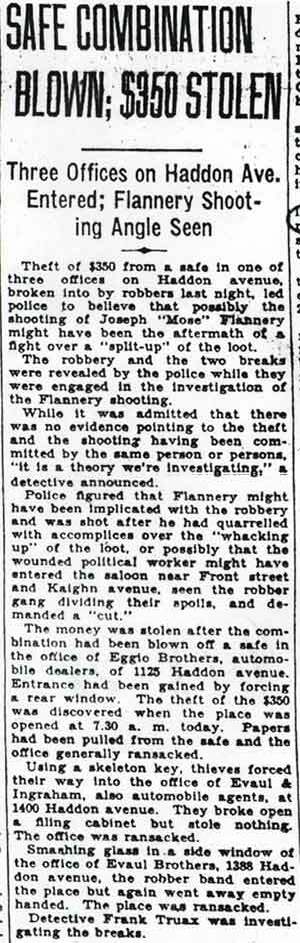 Newspaper clipping headlined "Safe Combination Blown; $350 Stolen," Camden Evening Courier, September 18, 1928