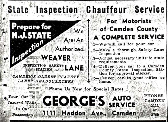 Camden Courier-Post advertisement, January 15, 1938, for George's Auto Service state inspection chauffeur service