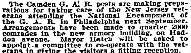 Clipping about Camden G.A.R. posts preparing for the 1899 National Encampment, Philadelphia Inquirer, May 14, 1899