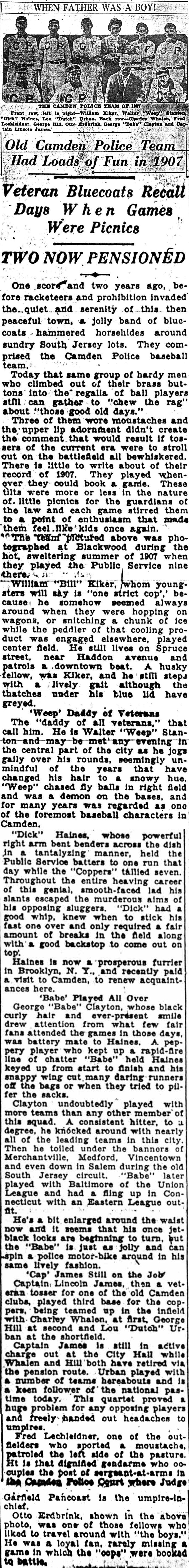 Courier-Post, June 23, 1929: "Old Camden Police Team Had Loads of Fun in 1907", with the 1907 police baseball team photograph