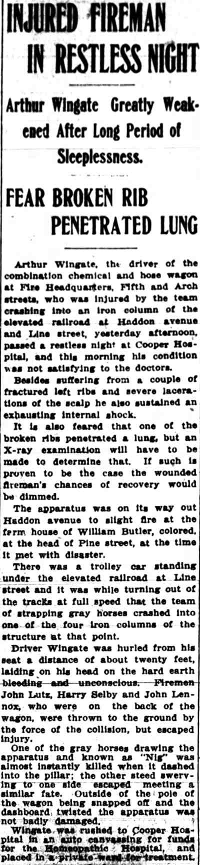 Camden Post-Telegram clipping, May 20, 1910: Injured Fireman in Restless Night