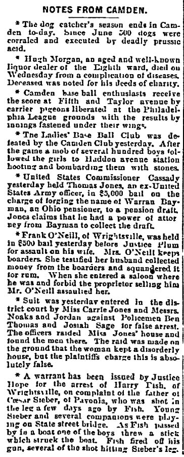 Notes from Camden column, Philadelphia Inquirer, September 11, 1891